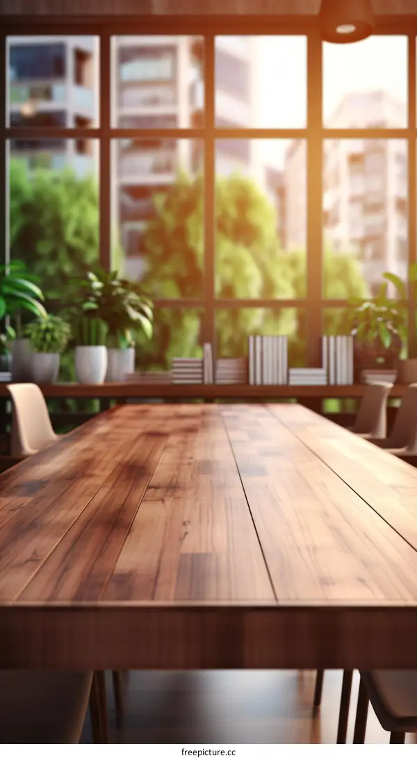 Large wooden table in a modern office with a large windows in the background