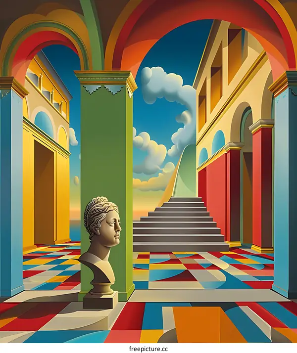 Surrealist Painting with a Bust of a Woman and a Staircase Leading to the Sky