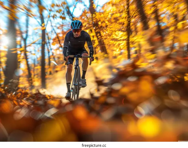 Cyclist riding through colorful fall leaves on a forest trail