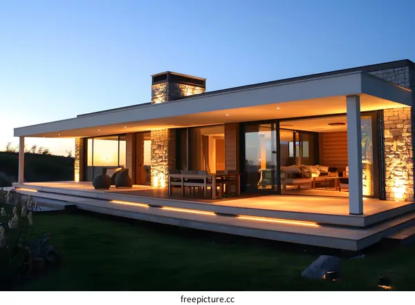 Modern House With Large Deck And Outdoor Lighting