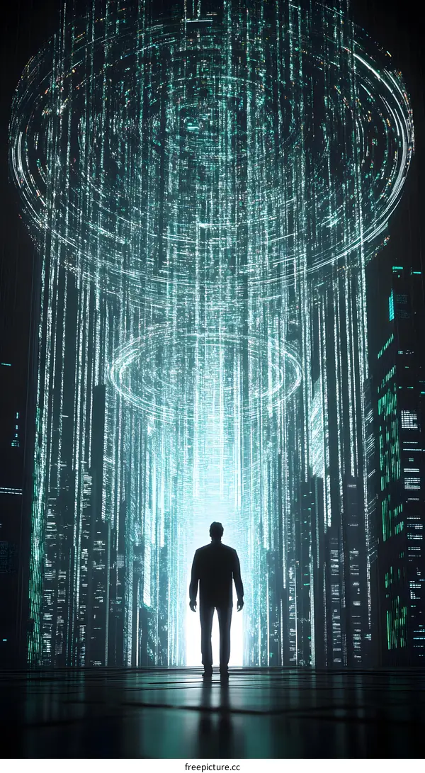 Silhouette of Man Walking Through Digital City