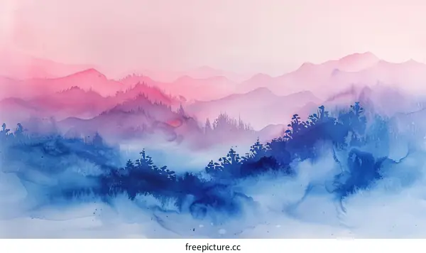 Misty Mountains Watercolor Painting
