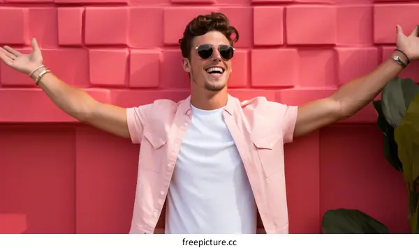 A joyful man wearing sunglasses is posing in front of a pink wall with arms outstretched