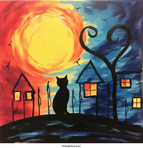 Black cat in front of houses under the sun and moon