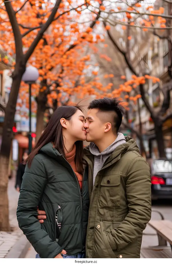 Couple Kissing Under Autumn Trees in the City