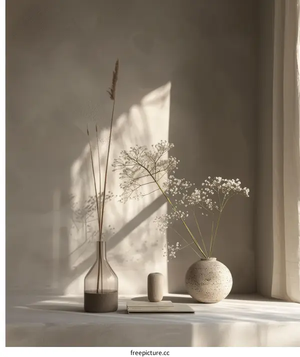 Dried flowers and vase arrangement in front of window