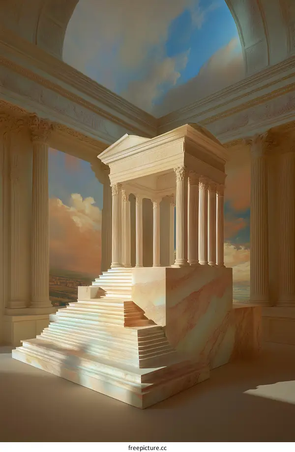 Ancient Roman Temple Model with Stone Steps and Sky Background