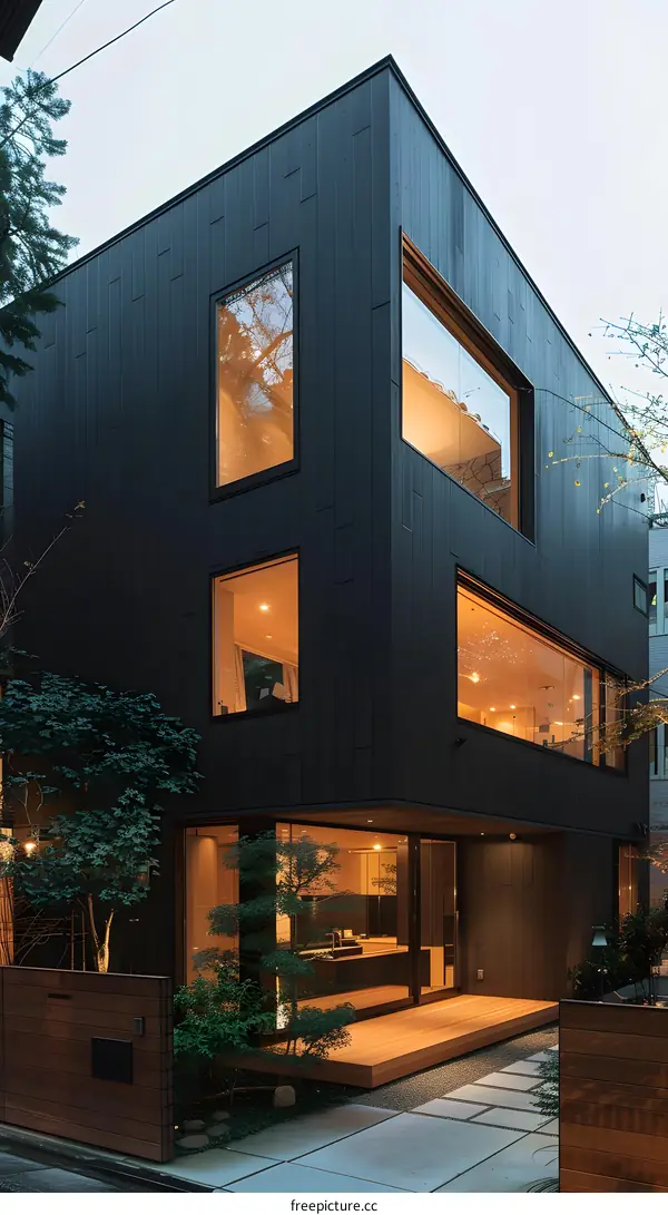 Modern Black House with Large Windows and Wooden Deck