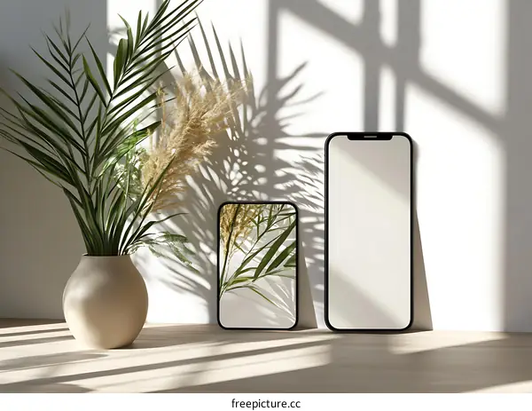 Minimalist Phone Mockup with Palm Leaves and Sunlight