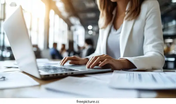 Businesswoman Working on Laptop in Modern Office