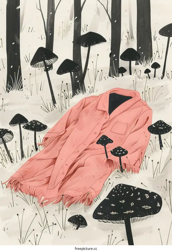 Pink Coat Lost in a Forest of Black Mushrooms