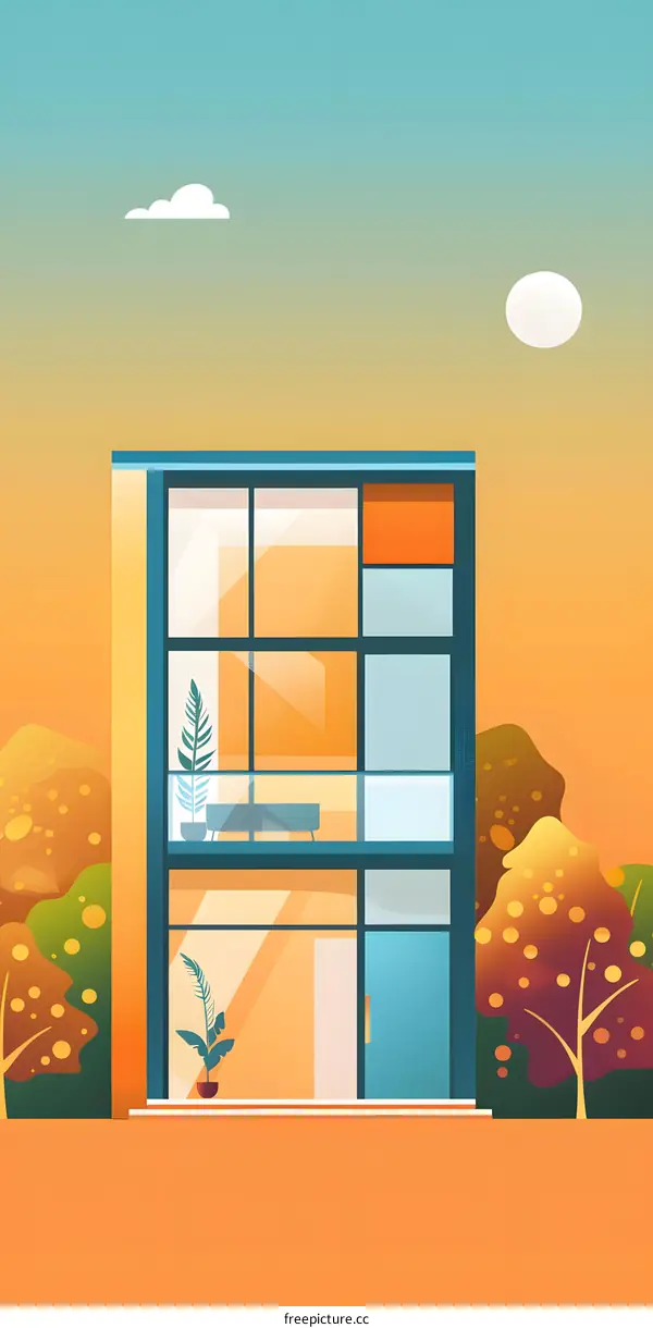 Modern House Illustration with Glass Windows and Orange Sky