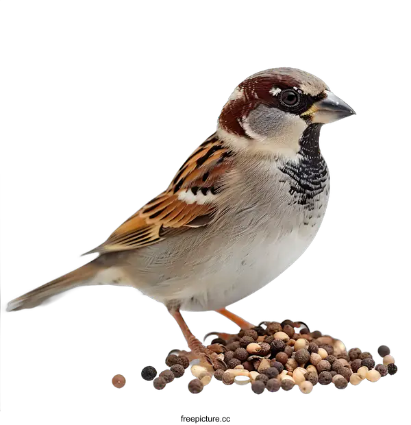 [Transparent Background PNG]A sparrow perches on a pile of birdseed