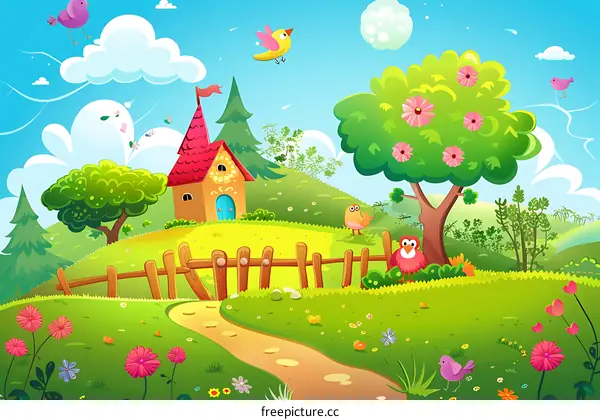 Cartoon Illustration of a Small House in a Green Forest