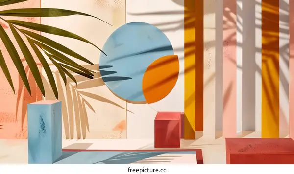 Abstract Minimalist Summer Background with Palm Leaf and Geometric Shapes