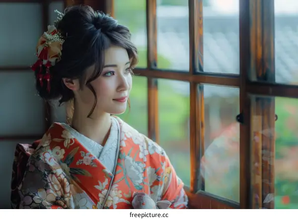A woman in a kimono is looking out the window.