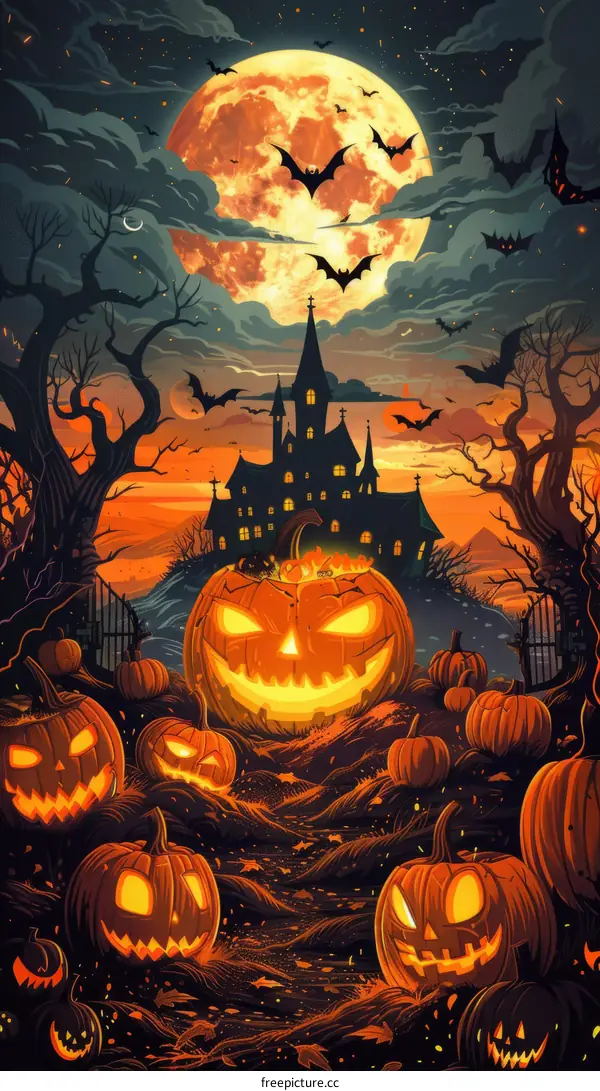 Halloween Night: Haunted House and Scary Pumpkins Under the Moon
