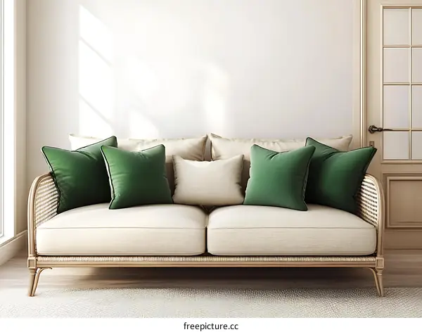 Modern Beige Sofa with Emerald Green Cushions
