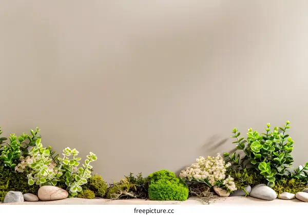 Green Plants and Rocks Against a Beige Background