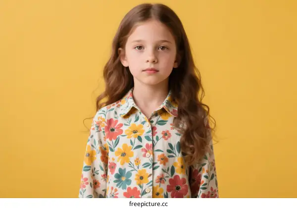 A Young Girl Wearing a Colorful Floral Shirt Against Yellow Background