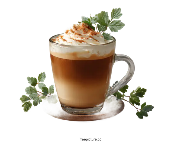 [Transparent Background PNG]Delicious Latte Art in Glass Mug with Whipped Cream
