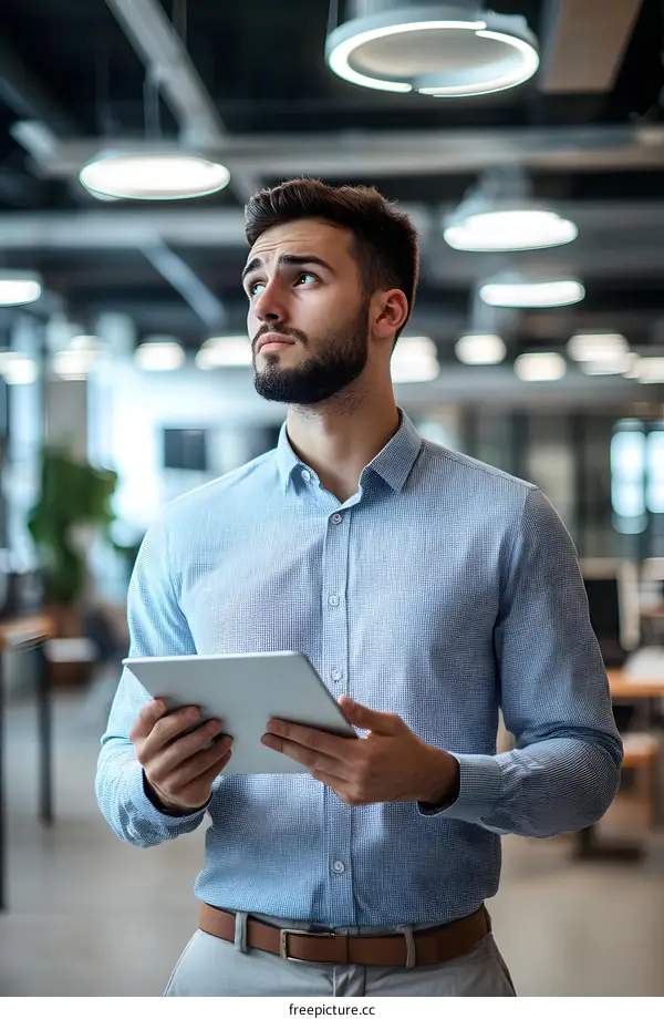 Businessman Holding a Tablet Computer in an Office Environment