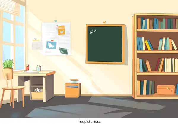 Classroom Interior Illustration with Blackboard and Bookshelf