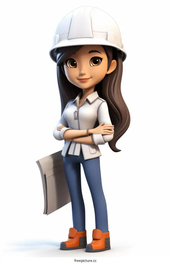 3D illustration of a female engineer wearing a hard hat and holding blueprints