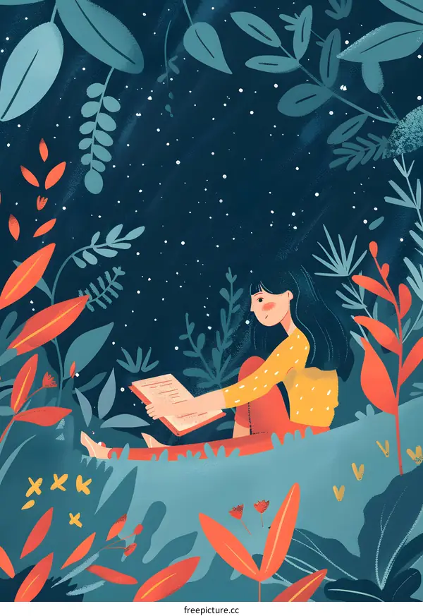 Woman Reading a Book in the Forest at Night