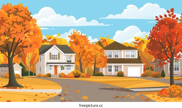 Autumn Landscape with Suburban Homes and Trees