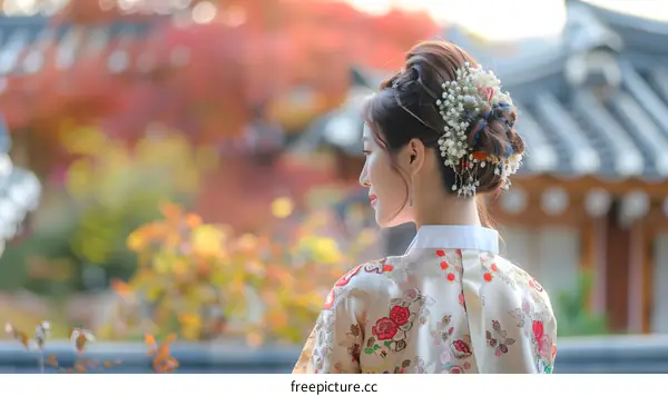 A Korean woman wearing a hanbok in a traditional Korean house