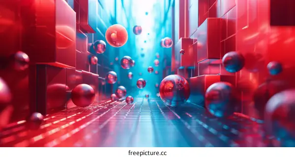 Futuristic Red and Blue Abstract 3D Tunnel with Floating Balls