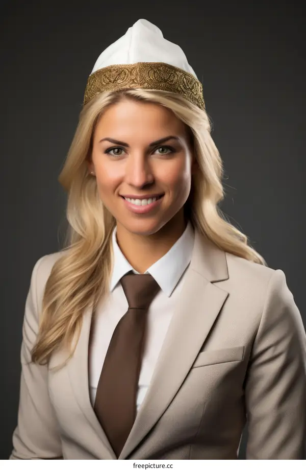 Head and shoulders portrait of a young blonde woman wearing a traditional Tatarstan hat and a suit and tie