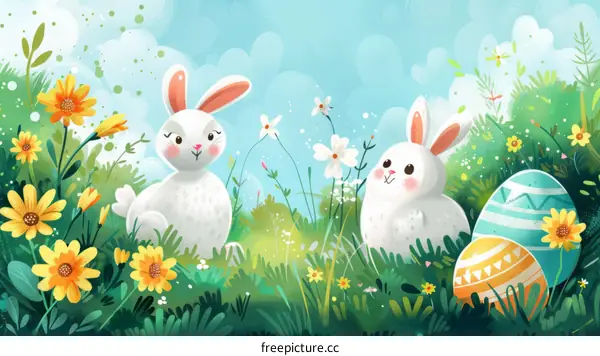 Two rabbits in a field of flowers and Easter eggs