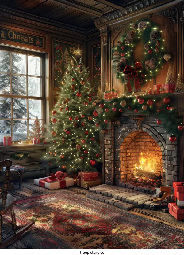 Cozy Christmas Room With Fireplace, Decorated Tree And Presents
