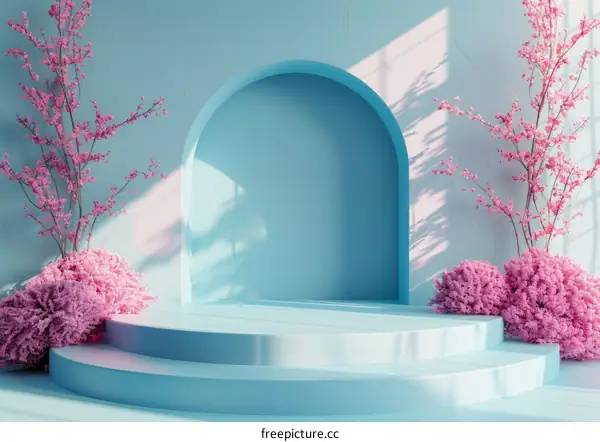 Pastel Blue Podium Display with Pink Flowers