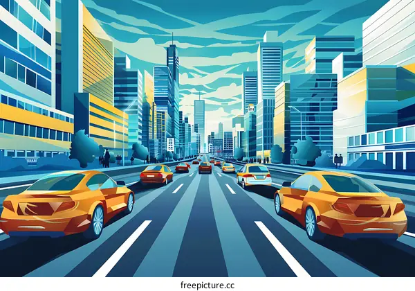 Modern Cityscape with Cars on Road