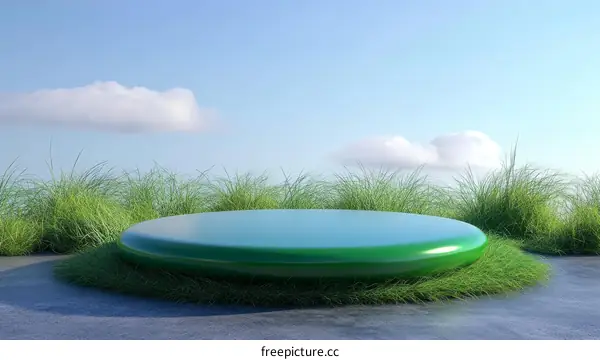 Green Product Display Platform in Grassy Outdoor Scene