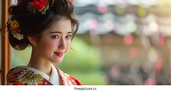 Portrait of a beautiful Japanese woman in traditional kimono