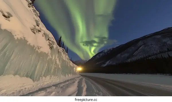 Aurora Borealis Lights Display Over Snowy Mountains and Road