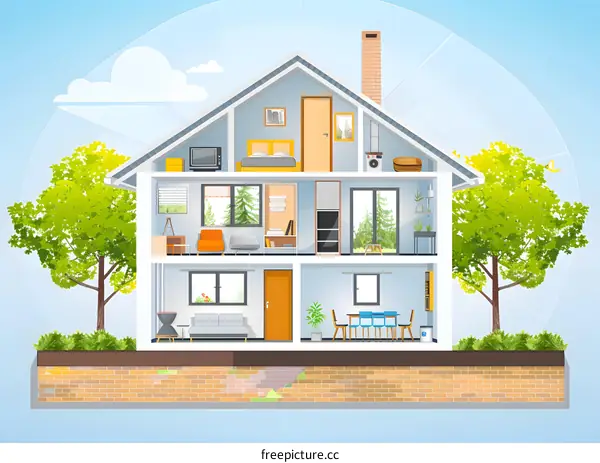 Cross Section View of Modern House with Interior Design