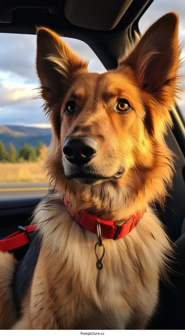 brown white dog looking out car window