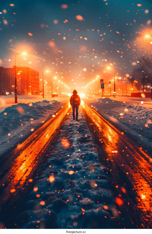 Lonely Man Walking on Snowy Road in Winter Night