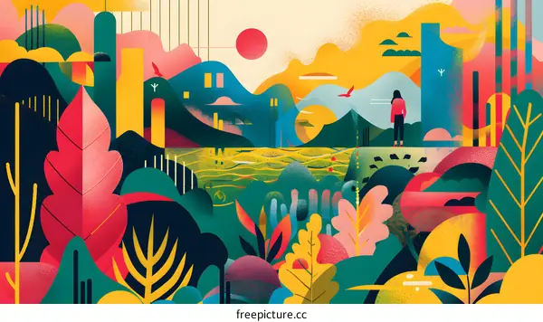 Colorful Abstract Landscape With A Woman Standing On A Cliff