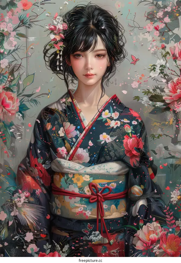 An Asian woman in a kimono with pink and white flowers in her hair and on her kimono