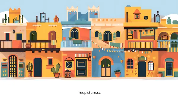Colorful Illustration of a Street with Houses in a Desert Town