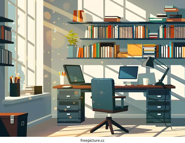 Modern Office Workspace With Sunlight and Bookshelf