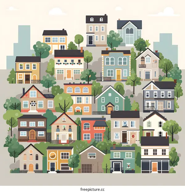 Illustrated Cityscape with Multiple Houses and Trees