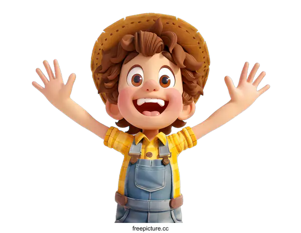 [Transparent Background PNG]a boy with a straw hat is raising his hands