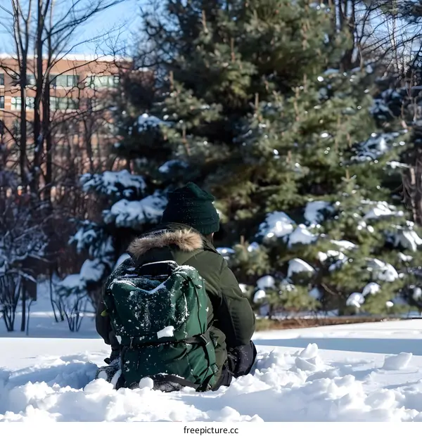 Person Sitting in Snow with a Backpack